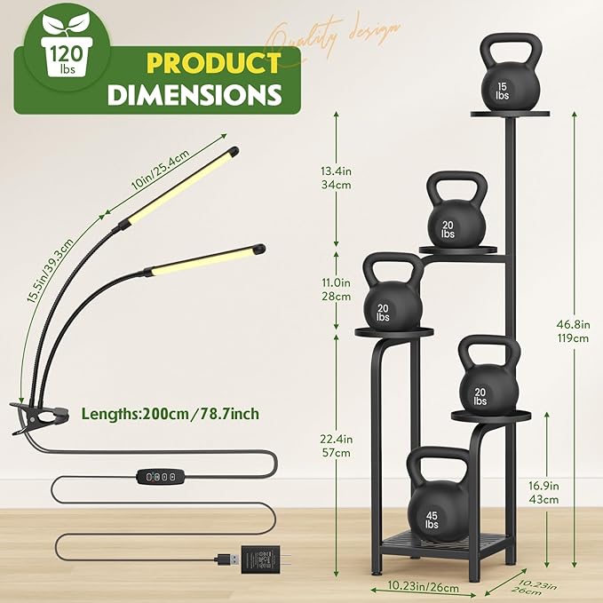 TOSKING 47" Tall 5-Tier Square Iron Plant Stand with Detachable Grow Light ,Heavy Duty Corner Flower Shelf for Indoor Use, Metal Pot Rack for Living Room, Bedroom, Office, Black