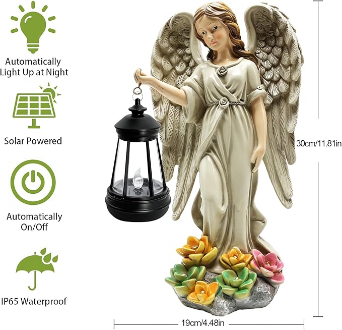 Solar Garden Statue Angel Figurine - 11.8 Inch Fairy Garden Angel Decor with Hanging Solar Lanterns and Succulent LED Lights for Balcony Patio Lawn Yard Ornaments, Mothers Day Gifts for Women Mom