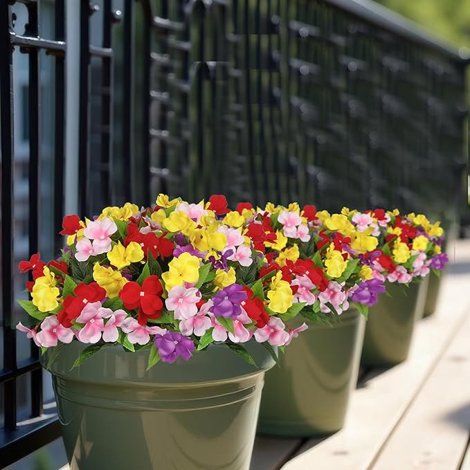 CITYES 4 Pcs Artificial Flowers for Outdoors Impatiens UV Resistant Silk Flowers Hibiscus Faux Impatiens Flowers for Outdoor Planters Pot Patio Garden Hanging Basket Porch Table Indoor Decor