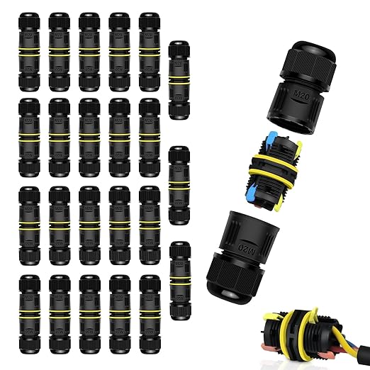 NineLeaf 24PK Waterproof Electrical Cable Connector 3-Pin Push-in Type, IP68 Underground Wire Connector M20 5-12mm, Fast Press-fit Extension Plug for Outdoor Garden and Landscape Lights