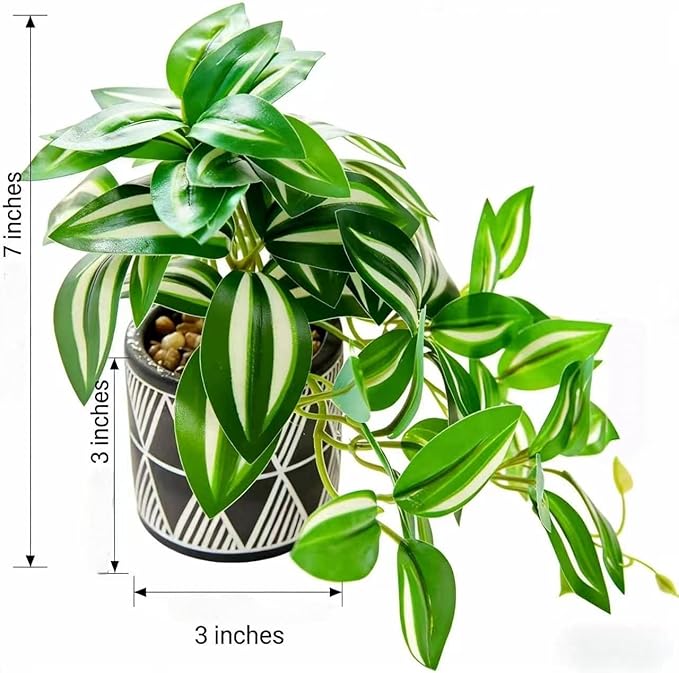 7" Artificial Variegated Pothos Vine in Geometric Ceramic Pot Lifelike Faux Trailing Plant for Indoor Home Office Desk Shelf Bathroom Decor