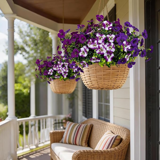 17 Inch Artificial Faux Pansy Flowers for Outdoor,Fake Pansies Flowers with Eucalyptus Leaves Fake Plants Greenery Boxwood Porch Patio Decor 6 Bundles(Dark Purple,Lotus Purple,Purple White)