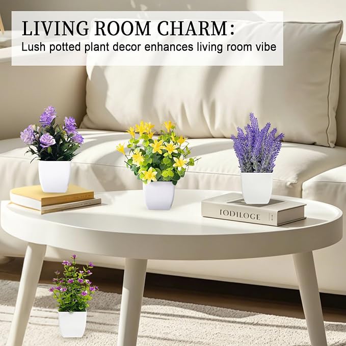SZC&MFZ Mini Artificial Potted Flowers with Fake Plants, 4 PCS Faux Potted Plants for Room,Home, Bathroom, Bedroom, Living Room, Kitchen and Office Decoration.