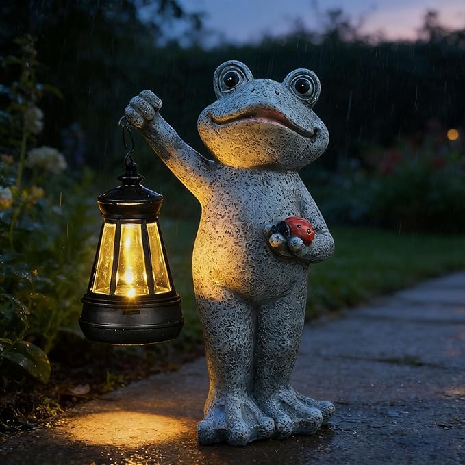 Frog Garden Statue Gifts Decor with Solar Outdoor Lantern for Patio Pathway Art Housewarming for Yard Decoration Lawn Ornament Gardening Gifts for Women Mom Grandma