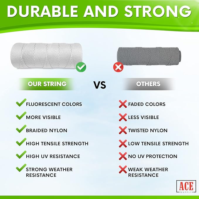 White Mason Line String Line - 144 Roll Pack - #18 Braided Nylon String - 250 Ft Length Per Roll - Nylon Twine for Gardening Or Masonry Tools - Perfect Construction String for A String Level