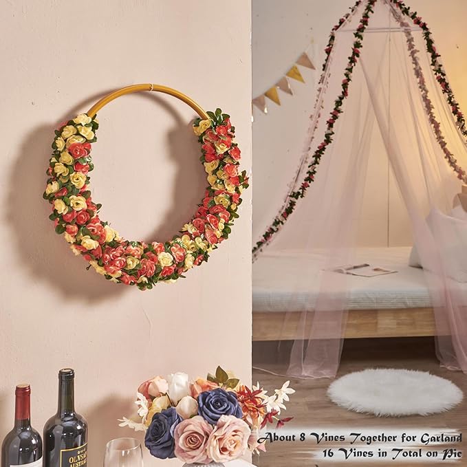6 Pcs x 8.2 ft Flower Garland Artificial Rose Vine Flowers with Green Leaves Hanging Fake Roses Vine for Room Party Home Wedding Birthday Christmas Wall Arch Decor, Champagne Flower