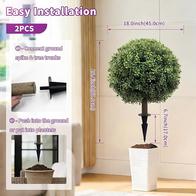Artificial Boxwood Topiary Ball Tree Set of 2, 25.2" UV Resistant Artificial Outdoor Shrubs with Ground Spike, Decorative Evergreen Fake Topiary Bushes Plant for Front Porch Garden Decor