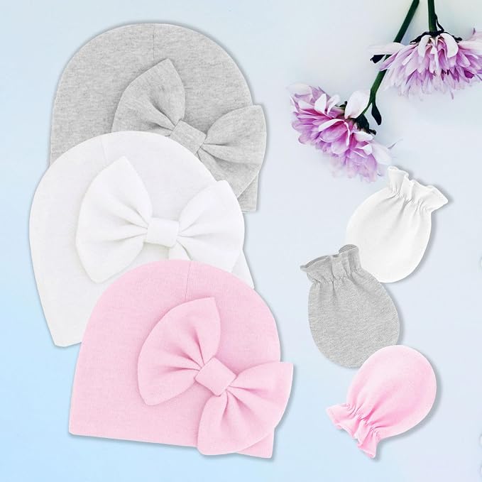 Newborn Baby Hats Mittens Sets Bow Infant Caps Gloves No Scratch Mitten Beanie Set for 0-6 Months Girls