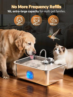 4.2Gal Dog Water Fountain for Large Dogs, 16L Stainless Steel Large Dog Fountain Water Bowl with Deeper & Wider Drinking Tray, Automatic Pet Water Dispenser with Visible Window (with 7 Filters)