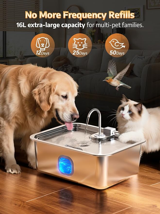 4.2Gal Dog Water Fountain for Large Dogs, 16L Stainless Steel Large Dog Fountain Water Bowl with Deeper & Wider Drinking Tray, Automatic Pet Water Dispenser with Visible Window (with Adjustable Stand)