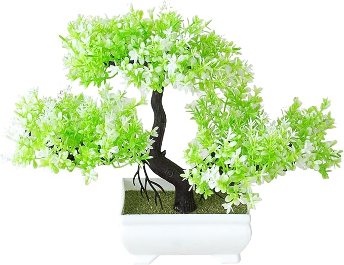 Mini Artificial Bonsai Tree Plants Artificial Plant Welcome Pine Tree with Plastic Cement Pots for Home Office Décor (White)
