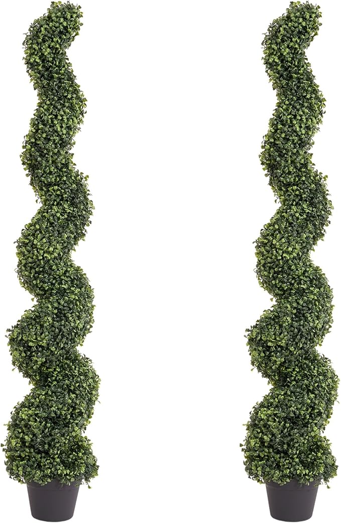 THE BLOOM TIMES 5ft Tall Spiral Topiary Trees Artificial Outdoor Set of 2, UV Resistant Large Faux Evergreen Fake Boxwood Plants for Front Porch Outside Planter Entryway Entrance Decor 5 Foot