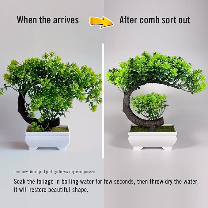 Fake Plants Small Artificial Bonsai Tree for Home Decor Living Room Bathroom Bookshelf Entryway Table Wall Shelf Modern Farmhouse Decor, 8.5" Tall, Green