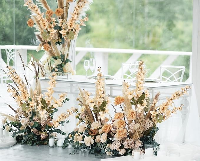6PCS Champagne Delphinium Artificial Flower Lifelike Faux Larkspur Silk Flowers Plant 35.43'' Long Stem Blossoms Flowers for Tall Vase Floral Arrangements Home Table Wedding Decor(Champagne)