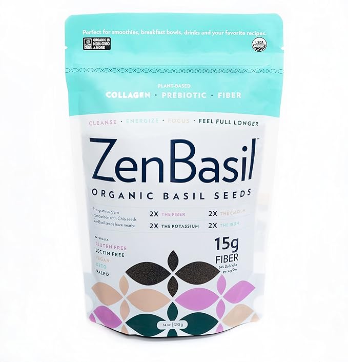 Zen Basil Seeds | edible basil seeds, kosher, non-gmo, lectin free, gluten free, plant based, keto, paleo, vegan | 15g fiber per/serv | 14oz | more fiber than chia seeds | prebiotic