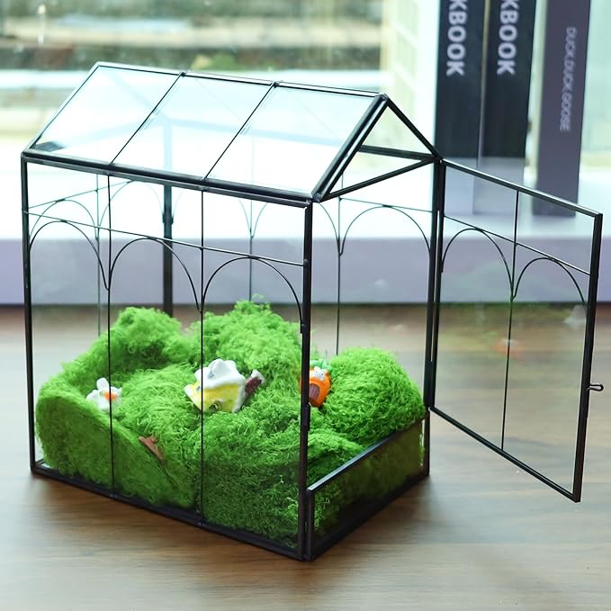HighFree Geometric Plant Terrarium with Lid, House Succulent Terrarium Kit for Succulents Cacti Snail, Home Tabletop Miniature Terrarium (Black with Side Door)