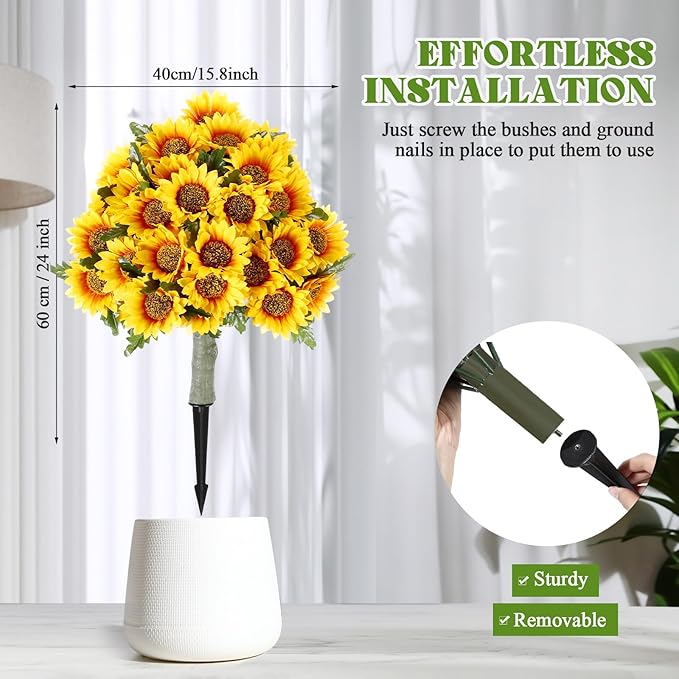 Lunmon 2 Pack Artificial Sunflower Topiary Trees for Outdoors with Ground Spikes, 24 Inch UV Resistant Faux Sunflower Ball Plants for Front Door Porch Patio Garden Yard Decor