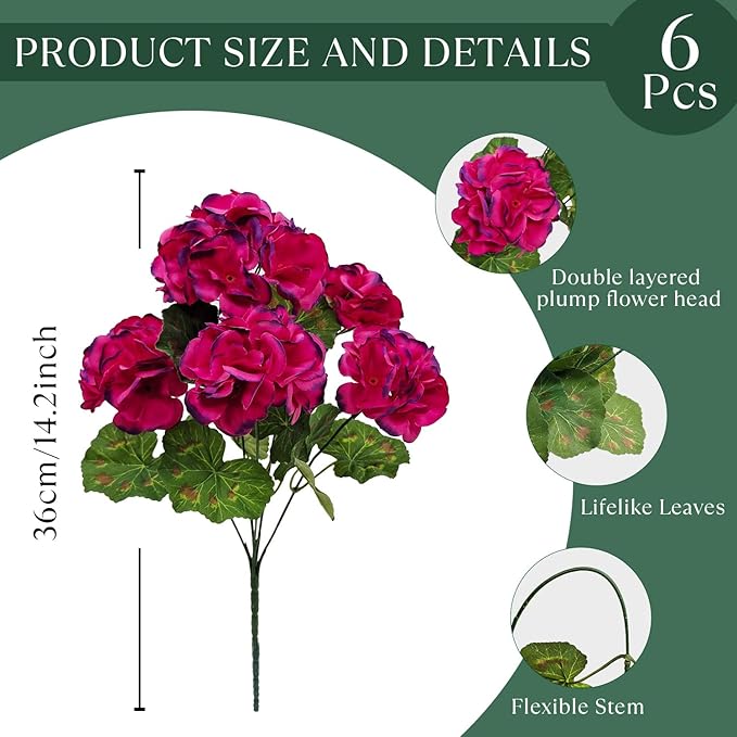 6 Bundles Artificial Geranium Flowers for Outdoors, Realistic Silk Geraniums Fake Flowers UV Resistant Faux Plants for Porch Front Door Planter Patio Balcony Outside Decor (Fuchsia)