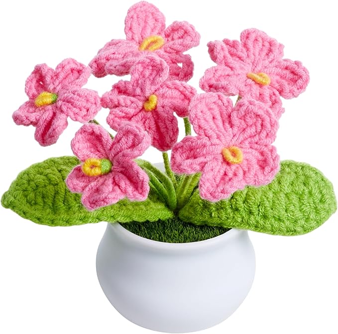 Knitting Crochet Flowers Cute Red Handmade Flower Valentines Birthday Gifts for Women, Decor for Home Room Office Desk Plant Accessories Things for Women Mom Teacher Coworkers