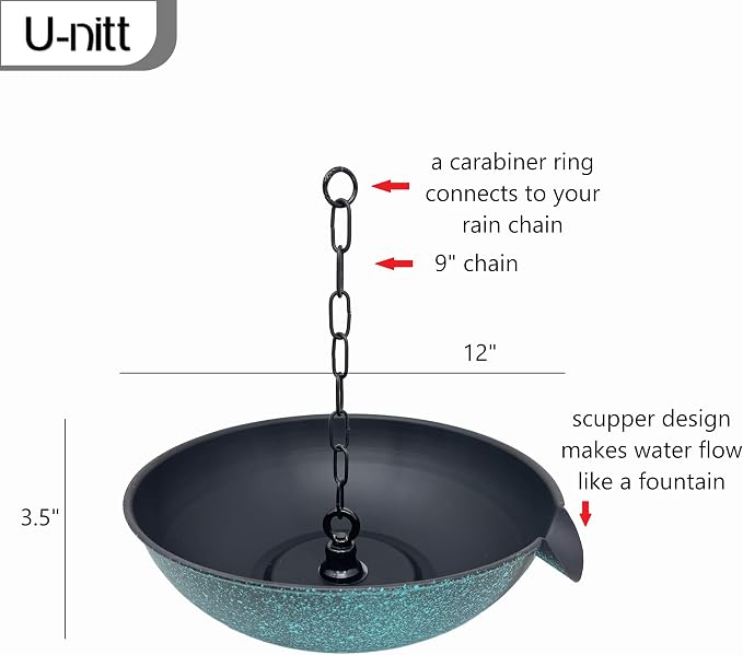 U-nitt 12" Spill Bowl Downspout Catch Basin for Rain Chain Anchoring & Stake | Rainwater Collection for Roof |Gutter Catch Basin | Good for Water Fountain & Birdbath | Black | Handles Heavy Rain