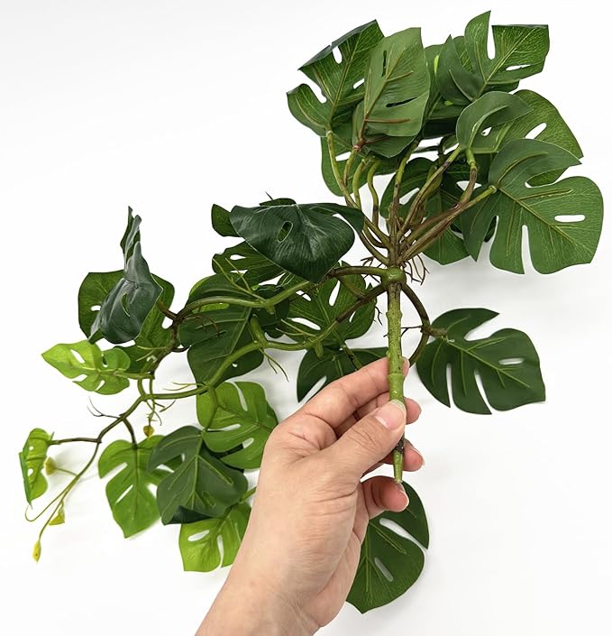 Artificial Monstera Plants, Fake Tropical Palm Small Potted Faux Hanging Greenery Mini Plants for Indoor Outdoor Home Office Garden Houseplants Pot Decor Wedding Party DIY Decoration - Green 2 Pack