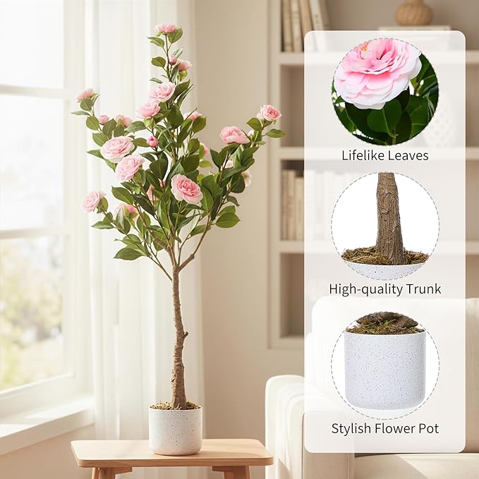Garvee 4FT Artificial Camellia Tree, Faux Camellia Plant with White Planter and 24 Pink Flowers, 47" Fake Potted Flower Trees for Home and Office Decor, Pink
