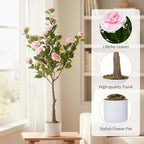 Garvee 4FT Artificial Camellia Tree, Faux Camellia Plant with White Planter and 24 Pink Flowers, 47" Fake Potted Flower Trees for Home and Office Decor, Pink