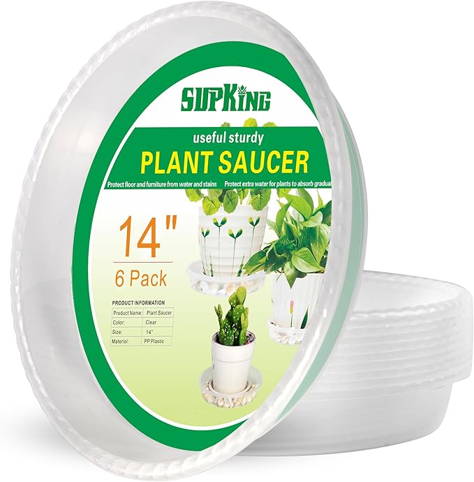 SupKing Large Plant Saucers Drip Tray 6 Pack, 6 8 10 12 14 15 Inch Heavy Sturdy Plastic Flower Pot Saucers for Indoor,Clear Plastic Planter Water Tray for Plant Pots Liners (14''-Clear)