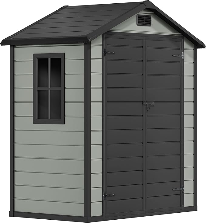 DWVO 6x4 FT Outdoor Storage Shed with Reinforced Floor, Resin Storage Shed with Lockable Door, Window and Vents, Waterproof Plastic Tool Storage for Garden Patio Backyard