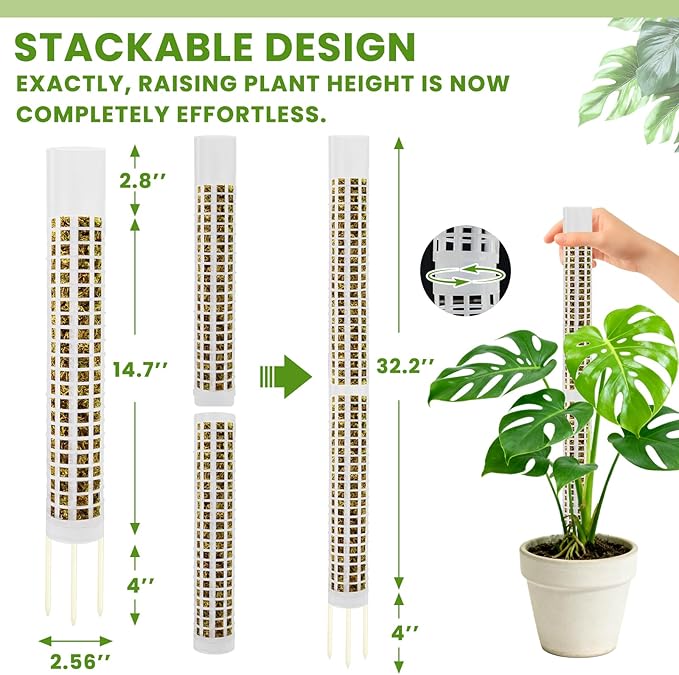 Moss Pole Monstera Plant Support, 2Pack 17 Inch Self Watering Moss Pole for Climbing Plants, Stackable & Refillable Plastic Moss Poles for Garden Potted Planter, Pothos