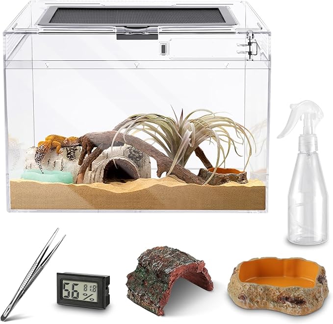 HELIME Reptile Polycarbonate Terrarium Kit 5 Piece Starter Habitat for Tarantula,Lizards,Frogs,Geckos,or Hermit Crabs,Tank with Escape-Proof Locking Lid,Hygrometer,Hide,Tweezer,Bowl,Sprayer