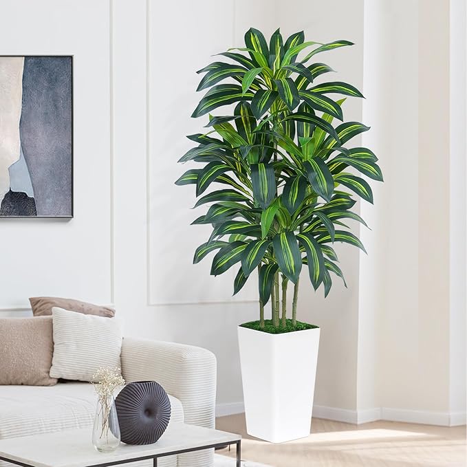 6FT Artificial Dracaena Tree - High-Density Foliage Fake Plant with White Tall Planter - Faux Yucca Floor Plant for Home Office Decor Indoor