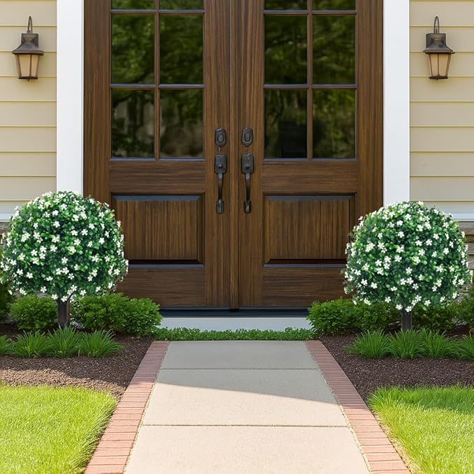 PATIO CHOICE Topiary Trees Artificial Outdoor Boxwood Ball Trees with Ground Spike Set of 2 22" Fake Outdoor Plants Faux Bushes and Shrubs Decorations for Outdoor Indoor Front Porch Garden