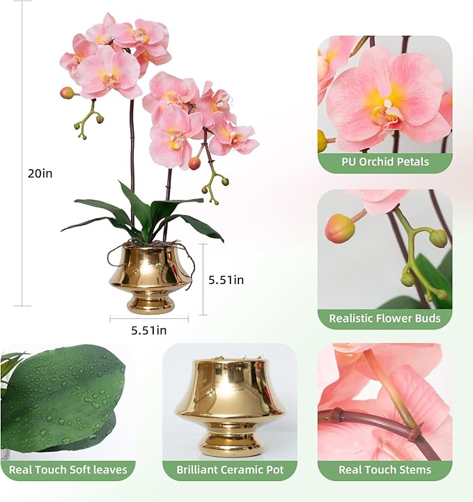 CXGS Orchids Artificial Flowers Realistic Fake Flowers in Ceramic Vase 20" Pink Faux Plants Indoor Lifelike Soft PU Phalaenopsis for Centerpiece Hotel Home Decor