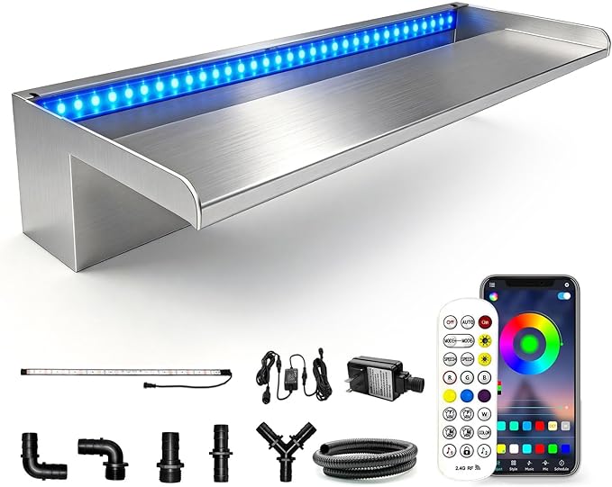 LONGRUN Stainless Steel Waterfall Spillway, APP Control Multi-Color LED Light Outdoor Pool Fountain, Water Spillway Koi Pond Waterfalls Fountains Kit for Garden Patio Swimming Pool Decoration-23.6"