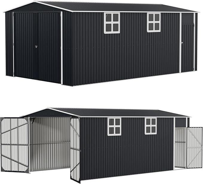Polar Aurora 12x20 FT Outdoor Storage Shed, Large Garden Shed with 2 Windows & Lockable Doors, Garage Car Shelter with Side Door & Air Vents for Backyard Garden Patio Lawn, Cars Trucks Boat, Black