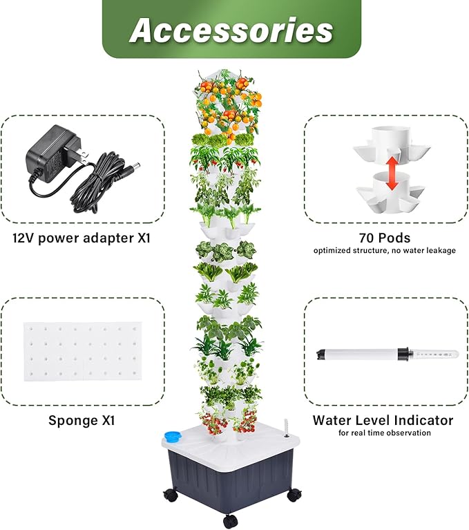 14-Layer 70 Slots Hydroponic Grow Tower Kit, Vertical Indoor Outdoor Growing System with Movable Water Tank, Hydrating Pump, Timer and Adapter for Vegetables, Strawberries, Lettuce