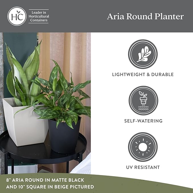 The HC Companies Aria Round Self-Watering Pot - Lightweight Plastic Planter for Herbs & More - Durable Plant Pots for Indoor Plants & Outdoor Plants (10" Glossy Black, Pack of 1)