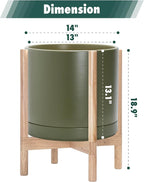 D'vine Dev Ceramic Planter with Natural Stand - 14 Inch Modern Round Flower Pot with Wood Planter Holder, Olive, 55-B-R-J
