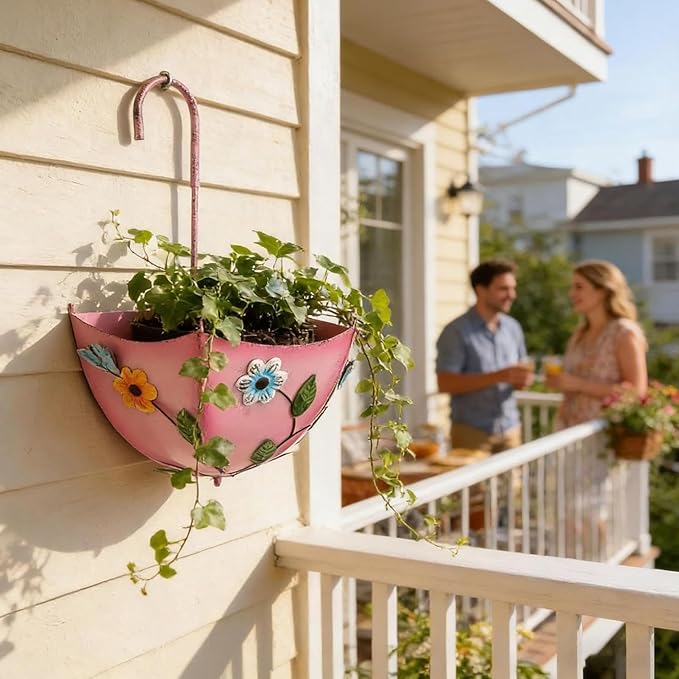 Plant Umbrellas for Outdoor Plants, Farmhouse Umbrella Shaped Wall Hanging Planter – Metal Iron Art with Drainage Holes, No-Drill Rustproof Flower Pot for Yard, Patio, Balcony