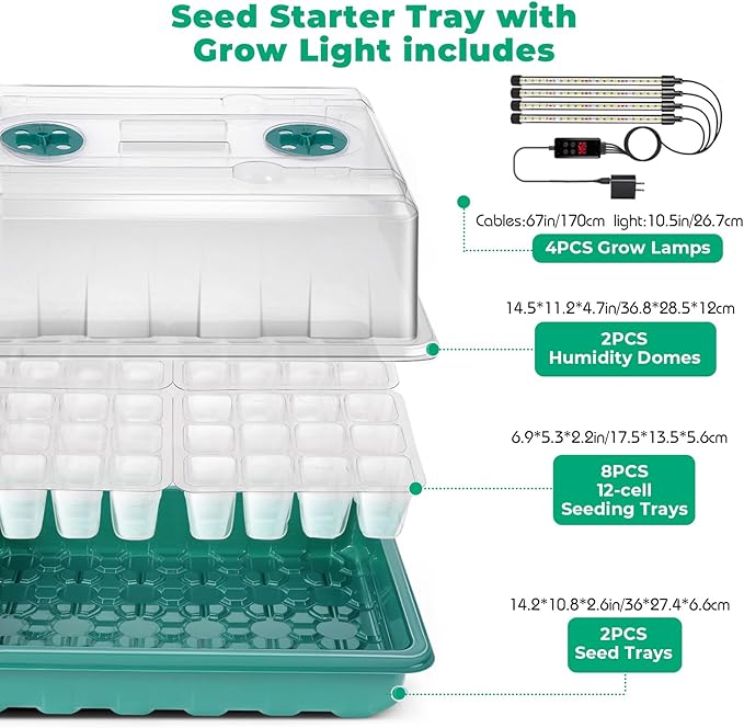 Seed Starter Tray with Grow Light, 96-Cell Seed Starter Kit, Seedling Starter Trays with Humidity Domes, Automatic Timer, Adjustable Light Indoor Gardening Plant Germination Trays