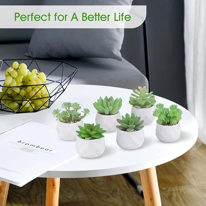 ZINHO Fake Succulent Plant Set 6 PCS Artificial Succulent Plants for Desk Realistic Faux Succulents in Plastic Pots Mini Colorful Succulent Decor for Bedroom Bathroom Office Shelf Decor (Green)