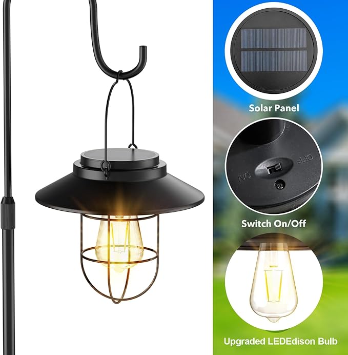 60.62'' Shepherd's Hook Stand Plant with Solar Lantern, Outdoor Floor Lamp, Wind Chime Hanger Stand, Waterproof Metal & Adjustable Height Standing Pole Holder Garden Light for Patio, Porch, Deck Decor