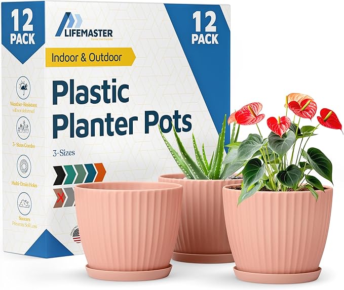 Pink 6-Inch Plant Pots with Drainage & Saucers 12 Pack, Indoor & Outdoor Planters for Houseplants, Herbs, and Flowers, Durable & Weatherproof Material, Stackable, Lightweight, Minimalist Design