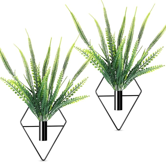 Canlierr 2 Pieces Black Wall Decor Hanging Planters with Artificial Plants Metal Hanging Vase Indoor Plants Holder Modern Geometric Wall Art for Bathroom Bedroom Living Room Decor(Boston Fern)