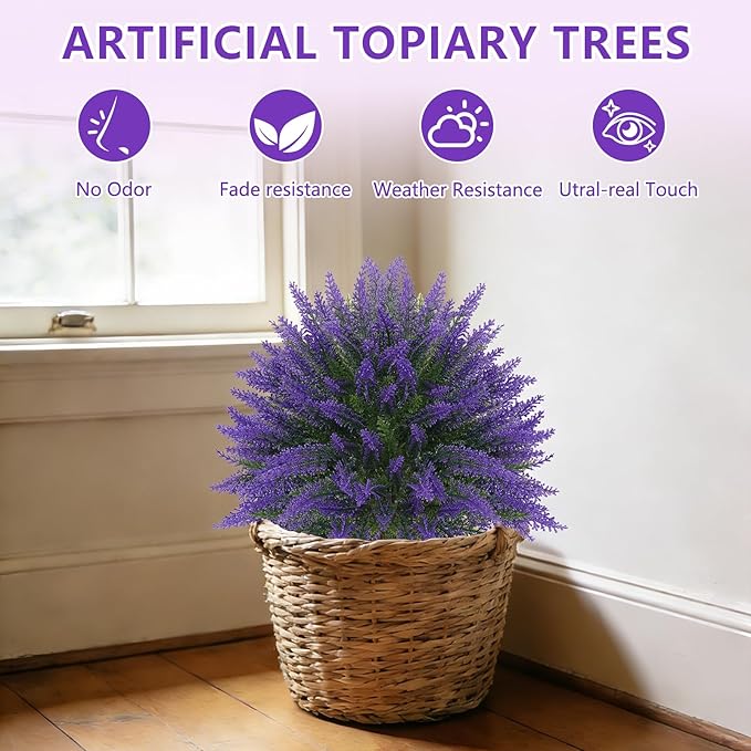 Grooy Artificial Lavender Topiary Ball, Set of 2 Artificial Boxwood Shrub Bushes with Ground Spike, Fake Evergreen Tree for Porch, Artificial Plants for Outdoor Planters Indoor UV Resistant