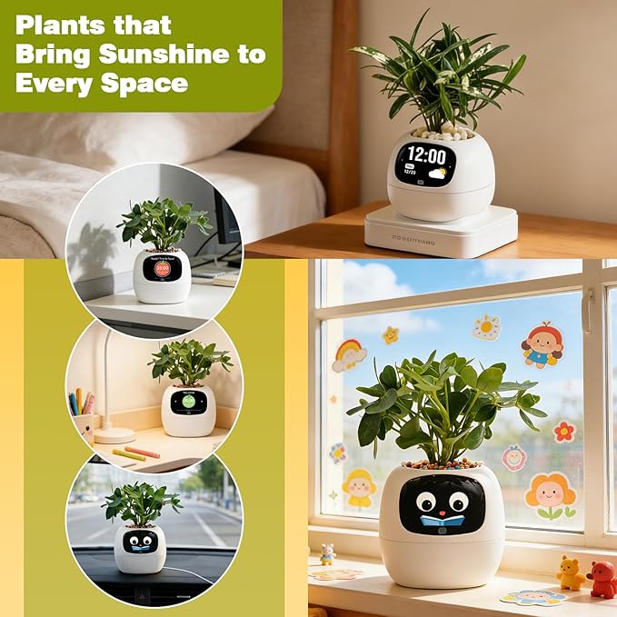 Smart Planter with App Control, Self-Watering AI Plant Pot with LCD Display, Interactive Desk Plant Companion for 100+ Plants, Smart Indoor Planter with Pomodoro Timer,80ml Reservoir,Calendar-White