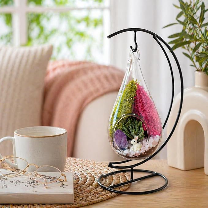 Creations by Nathalie DIY 7" DIY Teardrop Terrarium Kit - Build Your Own Glass Terrarium for Adults & Teens with Moss, Crystals, Tools & Decor - Handcrafted in the USA (Live Plant Included)