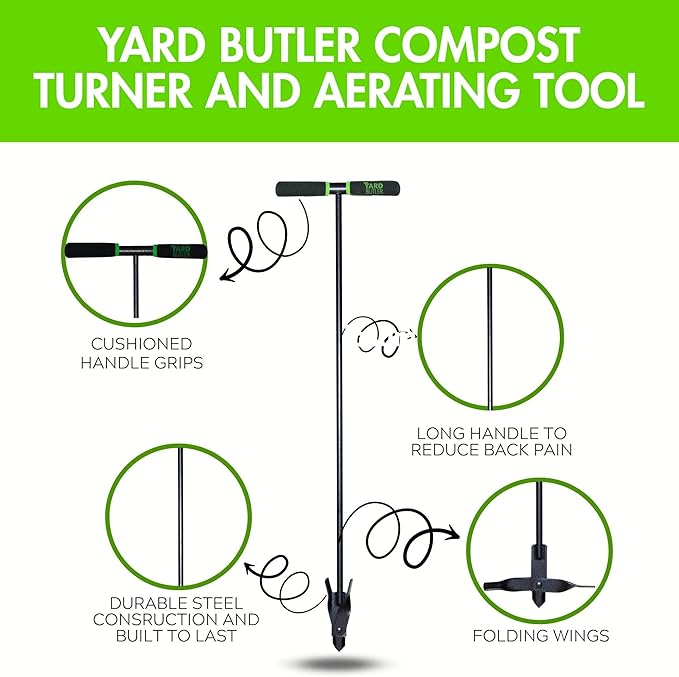 Yard Butler ICA-36 Compost Aerator - Lawn Care Tool for Aerating - Long-Handled - Power-Coated Steel Construction - Comfortable Cushioned Handles Garden Tool - Easy to Use