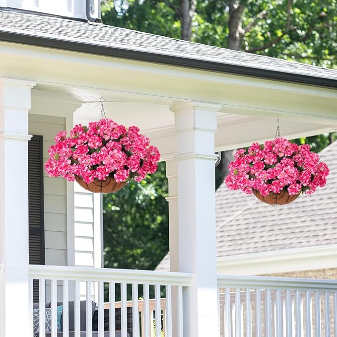INSPRING Geraniums Artificial Flowers Hanging Basket for Outdoors Outside Spring Decoration, 8 Bundles Silk Flowers Fake Plants Look Real UV Resistant for Porch Home Patio Balcony Yard, Pink